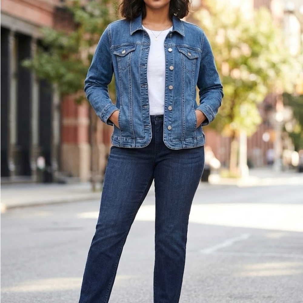 Charter Club Jean  Denim Jacket Women Blue Pockets Stretch Button Front Size. PM